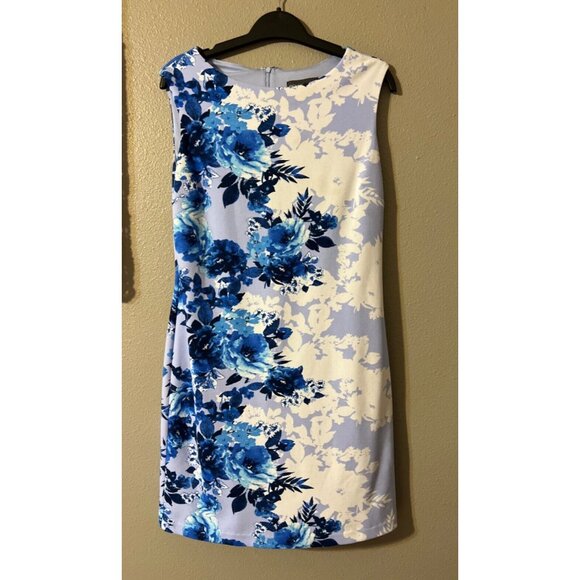 Donna Ricco Dress Blue White 10 Floral Stretch Sheath Washable Sleeveless - Picture 6 of 7